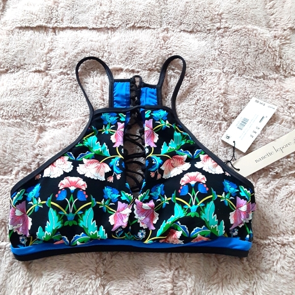 NWT Nanette Lepore black floral pattern swim halter top with lace up back - Picture 1 of 3